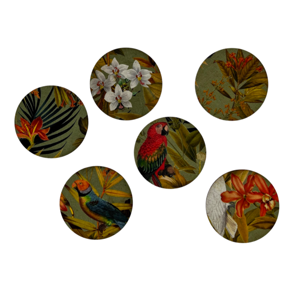 Parrots Bottle Coaster - COATED COTTON AND GENUINE LEATHER